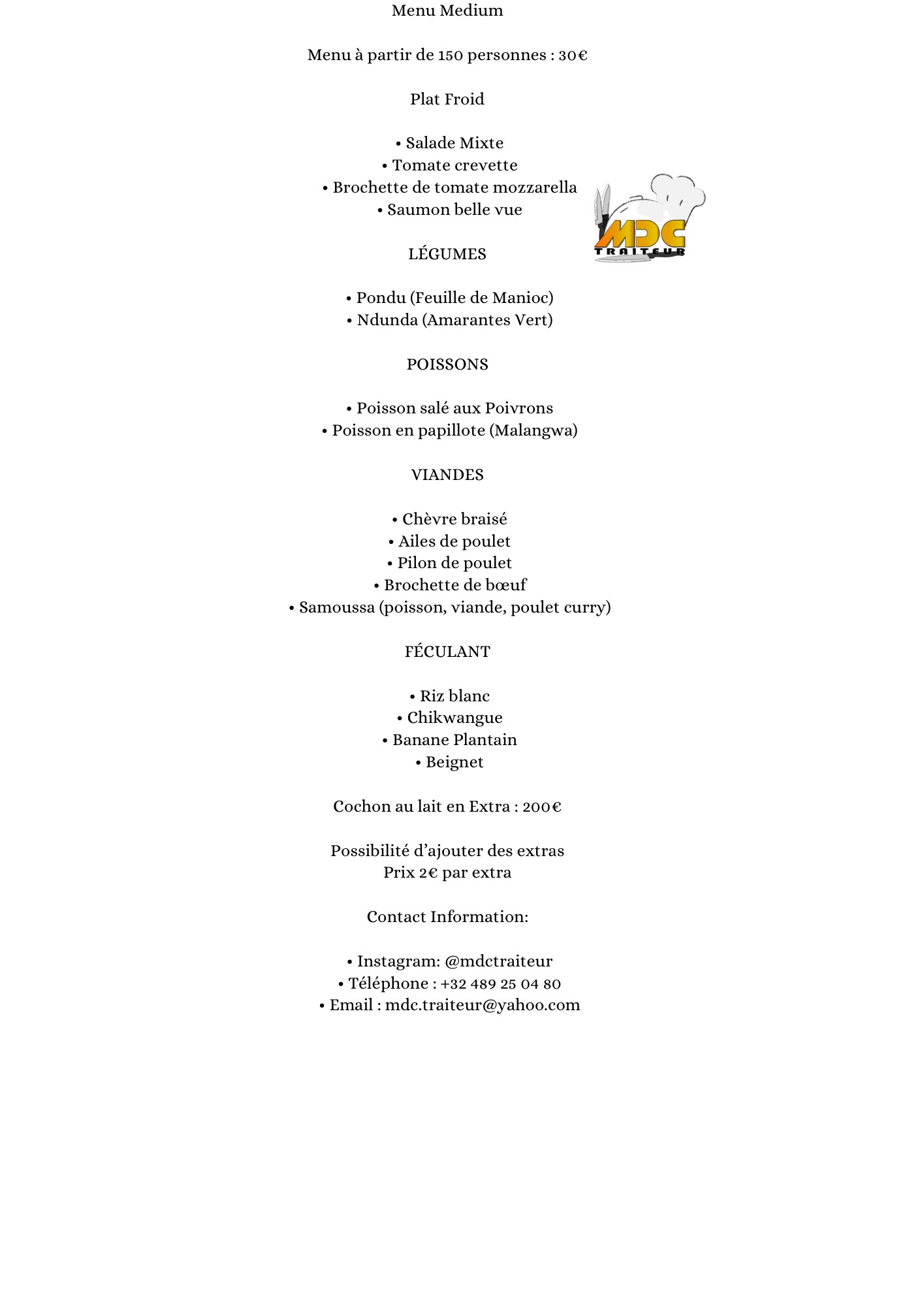Menu Medium MDC Traiteur