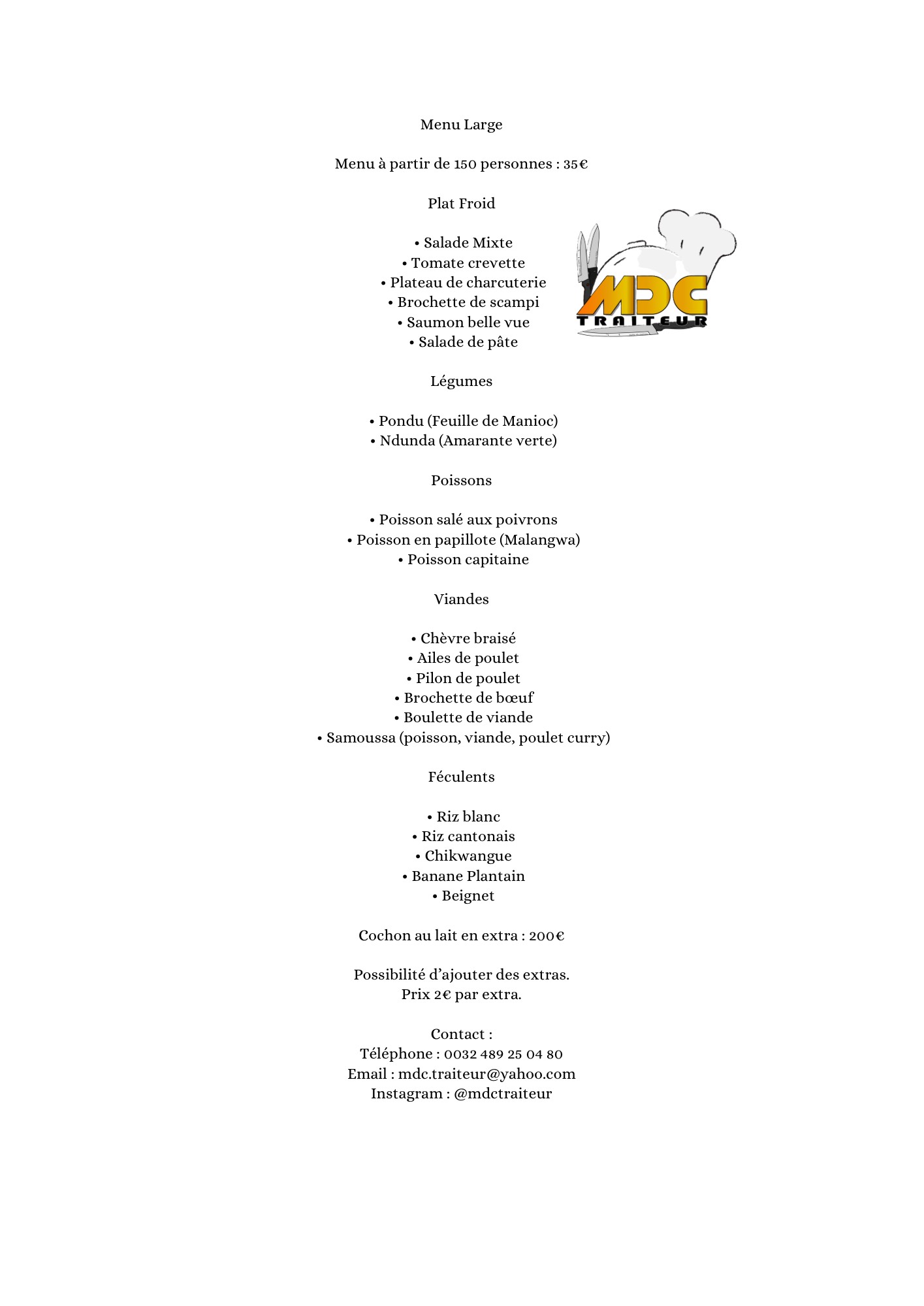 Menu Large MDC Traiteur